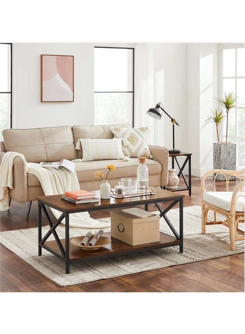 إكسبرت طاولة قهوة ، طاولة غرفة المعيشة ، مع إطار فولاذي على شكل X ورف تخزين ، 100x55x45 سم ، نمط صناعي ، بني ريفي - Image 4